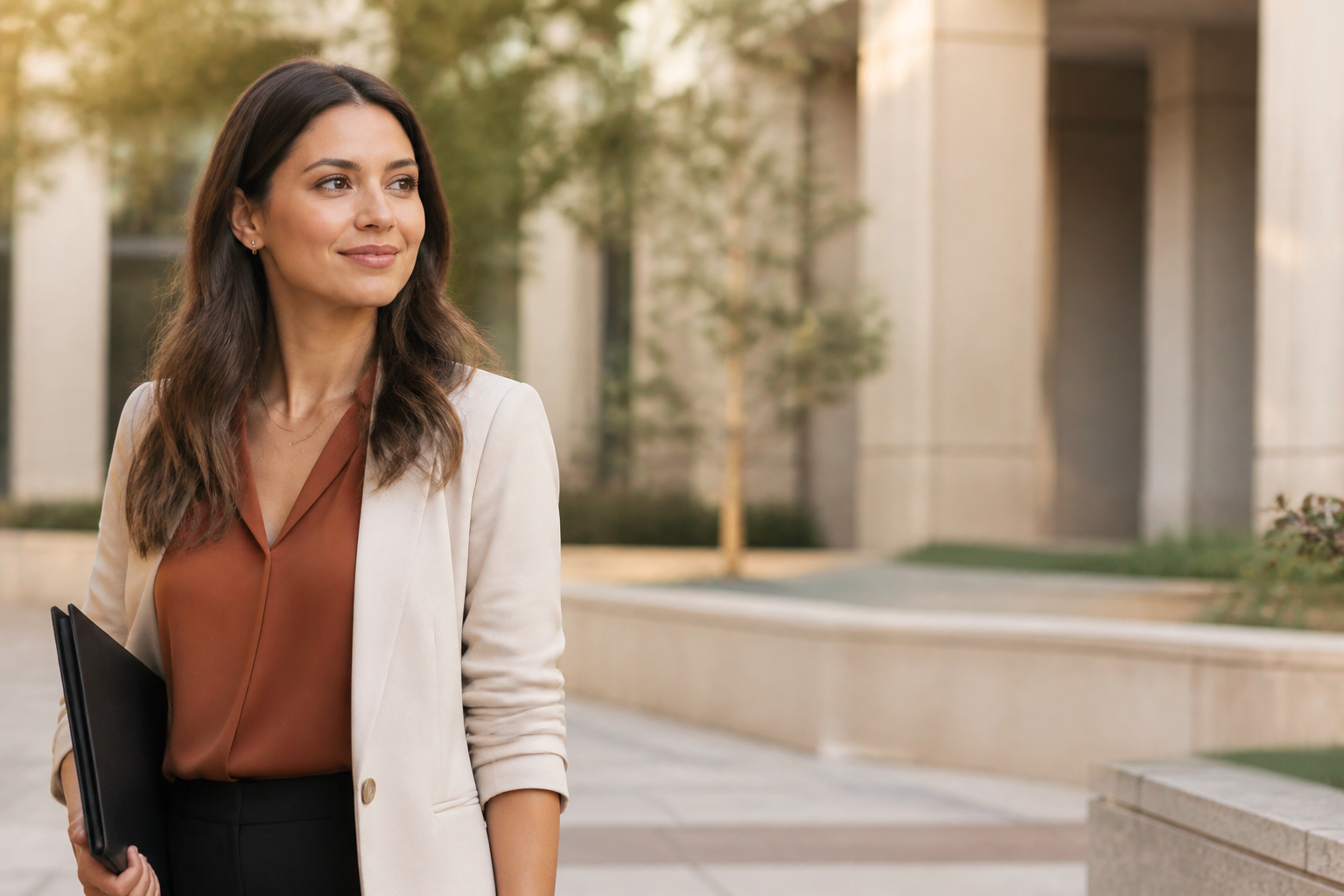 A confident professional stepping forward after an interview